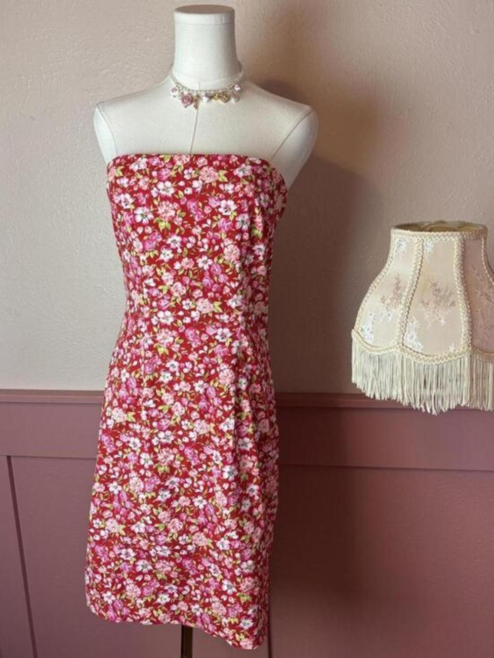 I.L.U floral vintage y2k strapless mini dress pink red sz medium cotton cottage